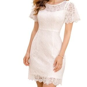 MSLG White Lace Cocktail Dress Short Sleeve Sheath Bridal Party Look Size M